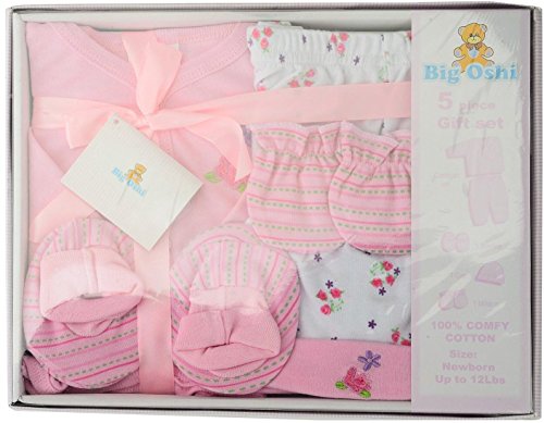 Big Oshi Newborn Baby Essensials 5 Piece Layette Gift Set for Baby Shower - Pink