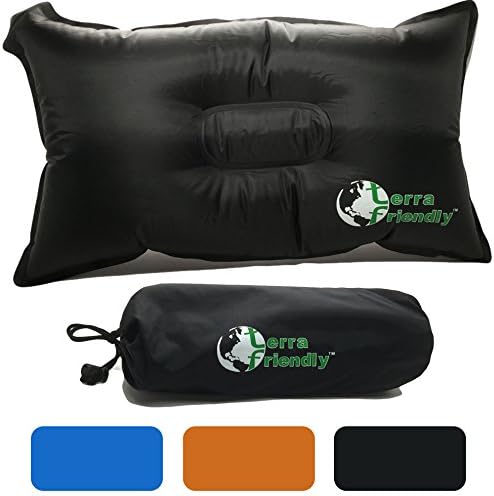 Premium Inflatable Air Pillow, Self Inflating Camping and Travel Pillow for Backpacking, Airplane, Beach and Beyond by Terra Friendly. 12" x 20" with Streamlined Stuff Pouch (Black)