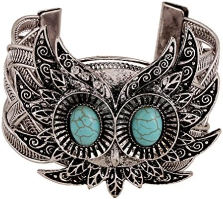 DUOKA Silver Vintage 50mm Width Wide Owl Cuff Bracelets for Men and Women