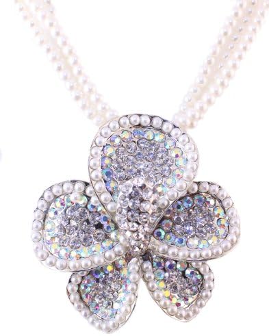 Multi-layer White Crystal Cluster Faux Pearl with Cz Flower Necklace with Earring 2-set