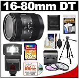 Sony Alpha 16-80mm f/3.5-4.5 DT ZA Vario-Sonnar T* Zoom Lens with 32GB Card + Flash + 3 (UV/FLD/PL) Filters + Tripod + Accessory Kit for SLT-A33, A35, A55, A57, A65, A77, DSLR-A560 & A580 Digital SLR Cameras
