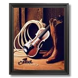 Cowboy Boots Fiddle Spur Rope Western Rodeo Home Decor Wall Picture Black Framed Art Print