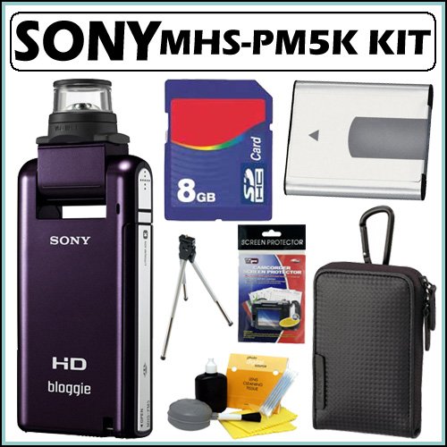Sony MHS-PM5K/V bloggie Mobile 5MP HD Snap 360 Video Camera (Violet) with 4x Digital Zoom + 8GB Deluxe Accessory Kit
