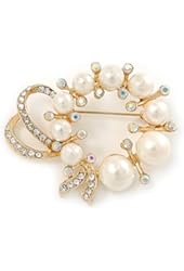 Gold Tone Clear/ Ab Crystal, Cream Faux Pearl Wreath Brooch - 50mm W