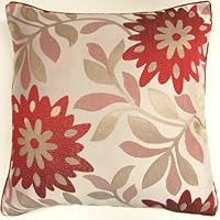 FUNKY RED BEIGE CREAM EMBROIDERED FLORAL CUSHION COVER PILLOW CASE SHAM 18' X 18'