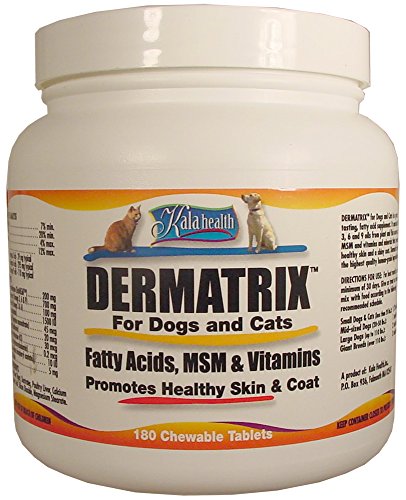 Dermatrix 180 Chewable Tablets for Dogs and Cats. Contains MSM, Omega Fatty Acids and Vitamins. All ingredients are 100% US Sourced and Made.