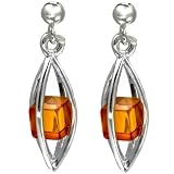Millennium Collection Sterling Silver Marquise-shaped Small Studs Earrings with Certified Genuine Honey Amber Cubes