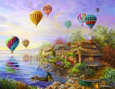 Balloons over Cottageville 1000+pc Jigsaw Puzzle by Nicky Boehme