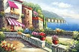 Free Shipping, Impression Mediterranean Landscape / Scenery, Sea View Terrace with Flower Garden, Handmade Oil Painting on Canvas By the Artist, Hand Signed, with Certificate of Authenticity, Large Size, 24 X 36, Framed / Stretched / Gallery Wrap, Ready to Hang, Perfect Wall Décor
