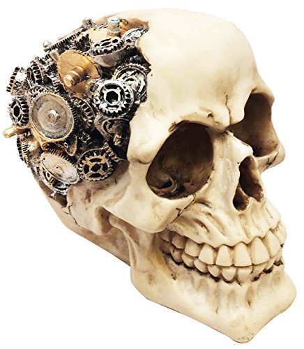 Steampunk protruding gearwork robotic human skull statu…
