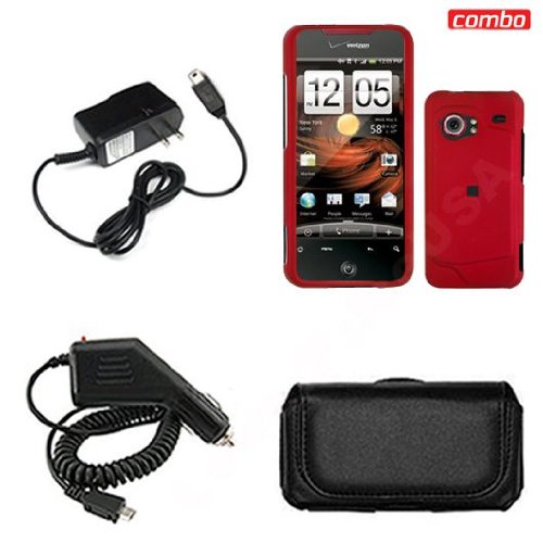 HTC Droid Incredible Combo Rubber Feel Red Protective Case Faceplate Cover + Black Horizontal Leather Pouch + Rapid Car Charger + Home Wall Charger for HTC Droid Incredible