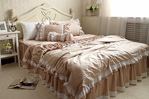 4pcs Luxury & Elegant Light Coffee & White Ruffle with Lace Cotton Duvet Cover Set201458 (Full)