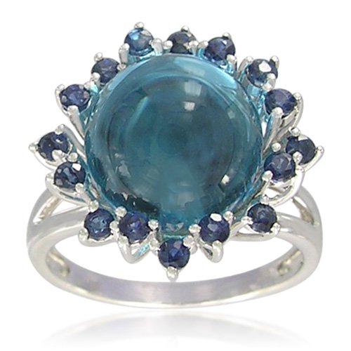 Sterling Silver 11mm Beads Blue Topaz with Blue Sapphire Ring, Size 7