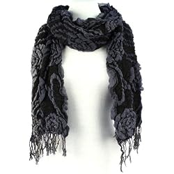 Extra Long Big Wide Soft Crinkle Puffy Floral Stretch Knit Stole Scarf Wrap Navy