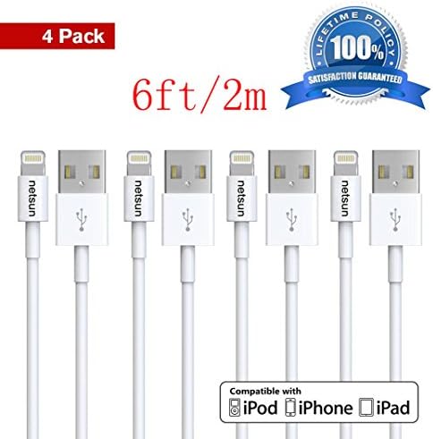 iPhone cable,NetSun(TM) 4 Pack 6Ft Lightning to USB Sync and Charging Cable for Apple iPhone 6s / 6s Plus / 6 / 6 Plus / 5s / 5c / 5, iPod 7, iPad Mini / Mini 2/ Mini 3, iPad 4 / iPad Air / Air 2