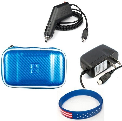 Garmin Nuvi 660 Accessory Bundle - Premium Nylon/ EVA Carrying Case (Blue) + Car Charger + Home Travel AC Charger + Free Stars Stripes Silicone Wristband