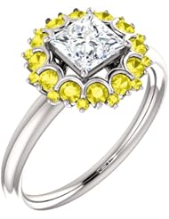 14K White Gold Princess Cut Diamond and Yellow Sapphire Flower Inspired Ring -- LIFETIME WARRANTY