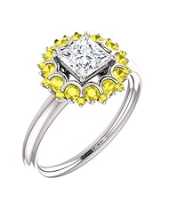 Platinum Princess Cut Diamond and Yellow Sapphire Flower Inspired Ring -- LIFETIME WARRANTY
