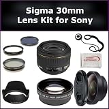 Sigma 30mm f/1.4 EX DC HSM Autofocus Lens Kit for Sony Alpha A290, A380, A390 Digital SLR Cameras. Package Includes: Sigma 30mm Lens, 0.45X Wide Angle Lens, 2X Telephoto Lens, Lens Cap, Lens Hood, Lens Cap Keeper, 3 Piece Filter Kit (UV-FLD-CPL) and Microfiber Cleaning Cloth