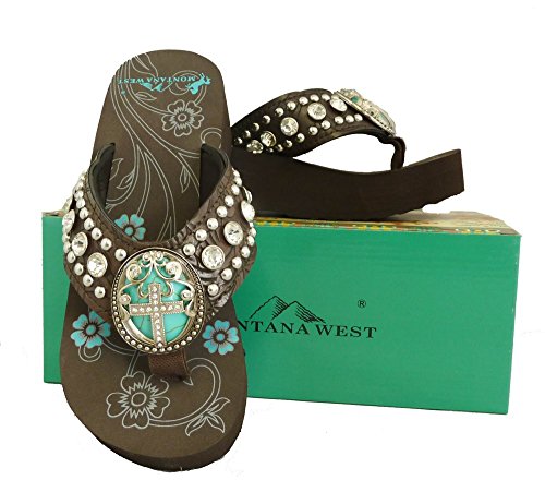 Montana West Ladies Flip Flops Turquoise Stone Pewter Cross Concho Coffee