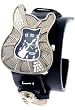 Guitar Dark Steel Gem Stone Case Black Dial Head Stock Wide Leather Band Wrist Watch
