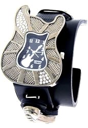 Guitar Dark Steel Gem Stone Case Black Dial Head Stock Wide Leather Band Wrist Watch
