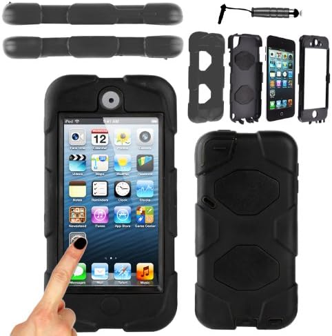 Magic Global Gadgets - Survivor Military Heavy Duty Builders Armor Tough Shock Proof Hard Case Cover For Apple iPod Touch 5 5th Gen 5th Generation iPod 5 Extreme Grade Dual Layer Protection With Built in Screen Guard + Mini Stylus Pen (Black - Military Shock Proof)
