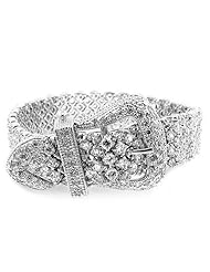 Alexander James White Gold Rhodium Bonded 7.25 Inch Belt Style Bracelet with Round Cut Clear Cubic Zirconia in a Prong Setting in Silvertone