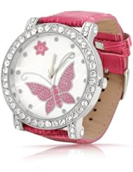 Bling Jewelry Geneva Womens CZ Bezel Butterfly Pink Leather Style Watch Steel