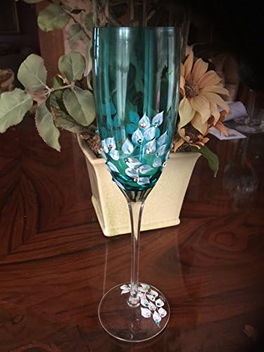 Crystal Wedding Champagne Glasses Teal Malibu Blue, Hand Painted with Swarovski Crystals and Pearls Set of 2