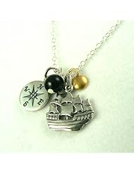 Pirate Treasure Sterling Silver Charm Necklace Ship Compass Nautical Pirates Theme Jewelry