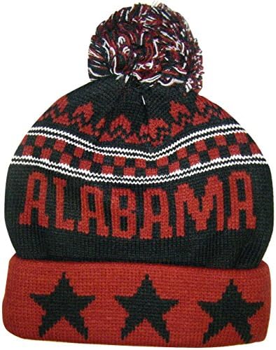 Alabama Black with Crimson Writing Thick Warm Cuffed 2-Sided 2-Color Beanie Winter Hat Cap with Pom One Size Adult