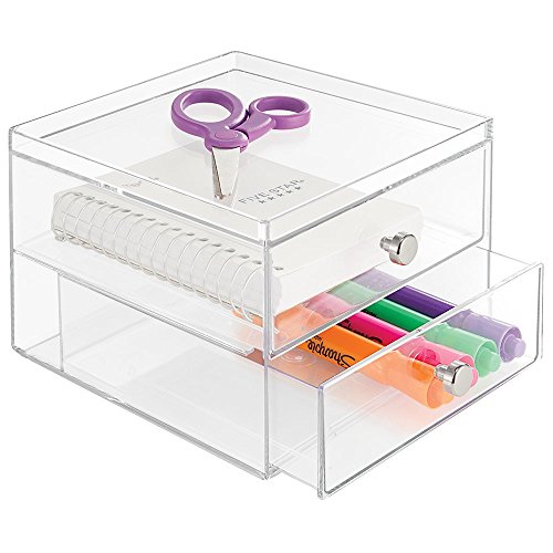mDesign Office Supplies Desk Organizer for Staplers, Scissors, Pens, Markers, Highlighters - 2 Drawers, Clear