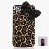 3D Australian Luxury Diamond Leopard with Black Bow Crystal Bling Case Cover for iphone 4 / 4s 100% Handcrafted by BlingAngels + Branded Pink Carry Pouch