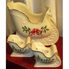 Lenox 'Holiday' Fine China Christmas Sleigh Centerpiece + Candlesticks by Lenox