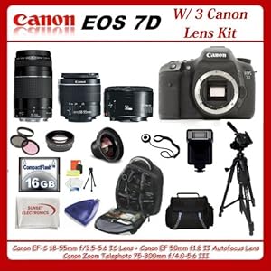 Canon EOS 7D DSLR Camera with 3 Canon Lens Pro Pack: Includes - Canon EF-S 18-55mm f3.5-5.6 IS - Canon Zoom Telephoto EF 75-300mm f/4.0-5.6 III Autofocus Lens - Canon EF 50mm f1.8 II Autofocus Lens, 16GB Package