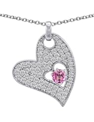 Candygem 925 Sterling Silver Lab Created Round Pink Sapphire Big Heart Pendant