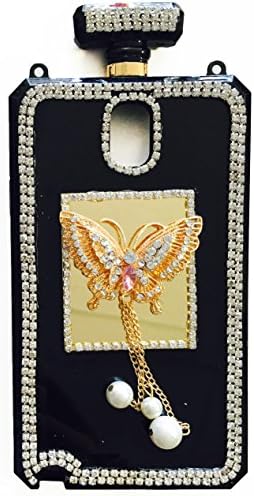 Stylish Crystal Diamond Rhinestones 3D Luxury Shining Butterfly Perfume Bottle Phone Case with Gold/Black Leather Chain (NOTE 4 Gold/Pink)