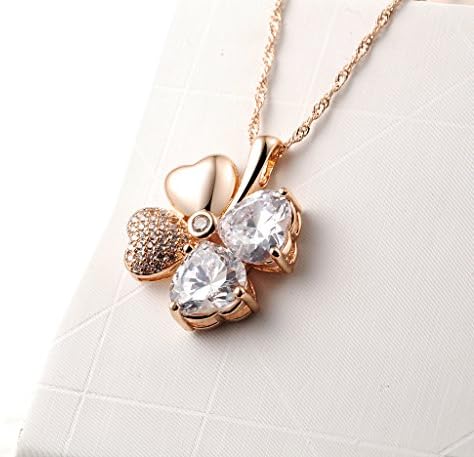 Fallon 18K Rose Gold Plated Four Leaf Clover Heart Shaped Austria Crystal Pendant Necklaces