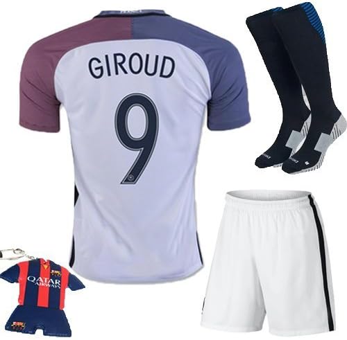 Soccer Kids 2016 European Cup Soccer Football #9 GIROUD France Jersey Short Sleeve Kit & Socks & Key chain Kids 3-12 Yrs (11-12 years)