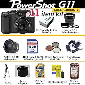 Canon Powershot G11 10.0 Megapixels Digital Camera With Holiday Edition Accessory Kit Includes 16GB Memory, 0.40X Fisheye Lens, 3.5X Telephoto Lens, Filters, Extra battery, Rapid Charger + Much More