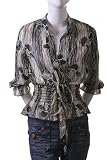 Cygnus Rose Pattern Sheer Mandarin Collar Smocked Tie Waist Blouse Top Black Off White