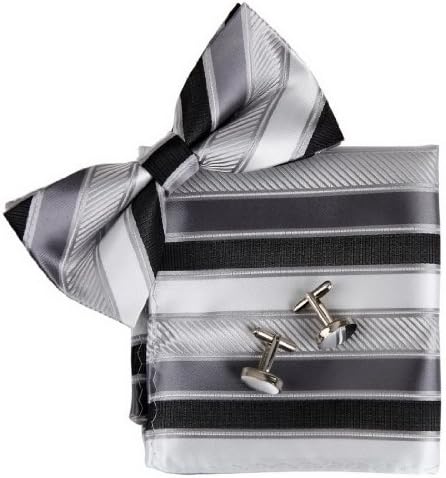 Grey Stripes Silk Pre-tied Bow tie, Cufflinks, Hanky Present Box Set dim grey certificate Pointe BT2088
