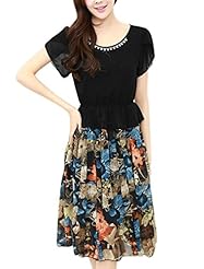 Round Neck Chiffon Beaded Stretchy Short Sleeves Floral Print  Dress