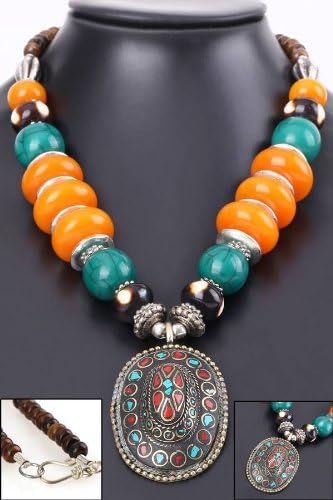 Tribal Jewelry Nepalese Handmade Brass Inlay Turquoise & Coral Beeswax Yak Bone Bead Necklace