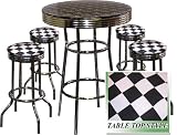 CHECKER FLAG NASCAR RACING Glass Top Chrome Bar Table Set With 4 Swivel Bar Stools