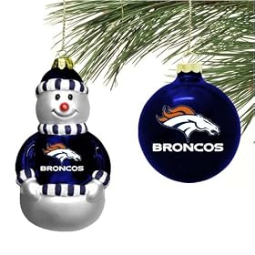 Denver Broncos Mini Blown Glass Team Logo Christmas Ornament Set (Snowman & Glass Ball)
