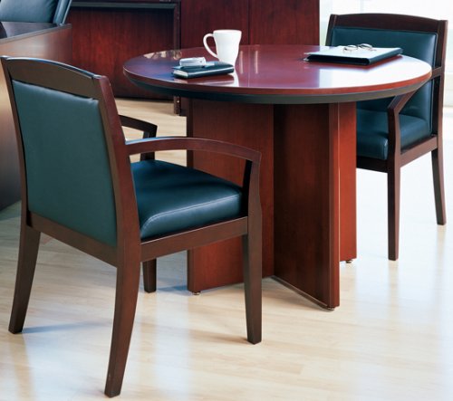 Buy Mayline Corsica 42″ Round Office Meeting Table with 2 Chairs in Sierra Cherry Finish on Real Cherry Wood Veneer – Complete Set