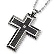 Diamond and Black Carbon Fiber Stainless Steel Cross on 24 Inch Bead Chain