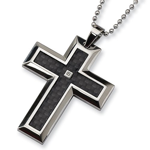 Diamond and Black Carbon Fiber Stainless Steel Cross on 24″ Bead Chain